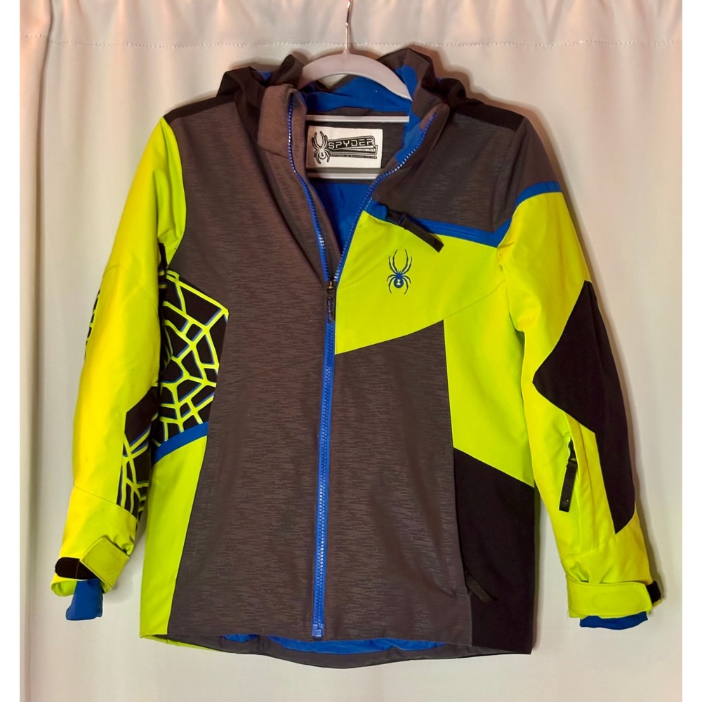 Spyder Kids Neon Lime Green Blue Challenger Insulated Hooded Ski Jacket Size 10